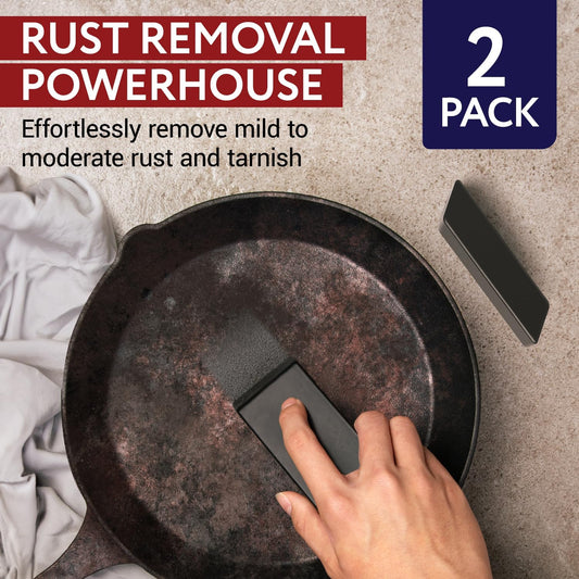 Cast Iron Rust Remover Erasers, 2-Pack XL - 4.75 x 2 x 1 Inch, Black Abrasive Rubber - Rust Remover for Cast Iron Skillets & Cookware - Versatile Metal Cleaner