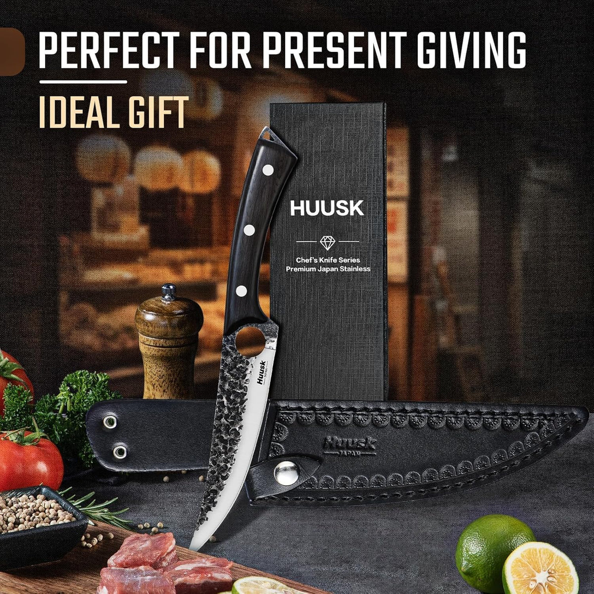Huusk Viking Boning Knife 6 inch, Japanese Boning Knives for Meat Cutting | Fillet Knife with Sheath, Full Tang handle, Gift Box, Brisket Trimming Knives for BBQ, Camping