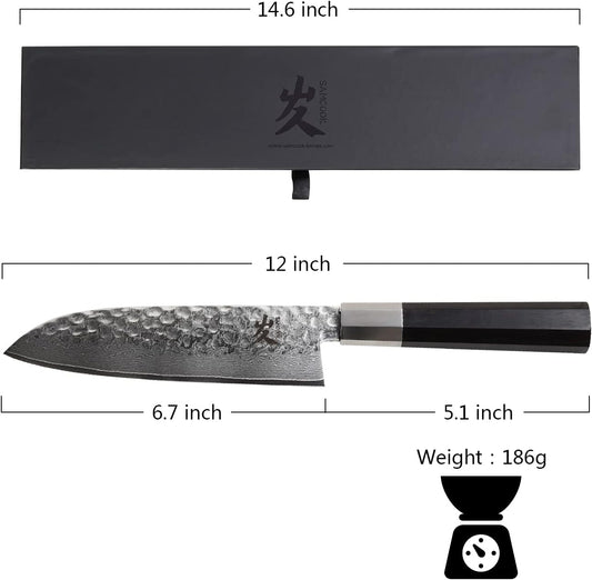 Santoku Chef Knife - 7 Inch Professional Japanese Knife - 67 Layers Damascus High Carbon Stainless Steel Hammered Damascus Kitchen Knife - Ergonomic Octagonal Ebony Handle with Gift Box