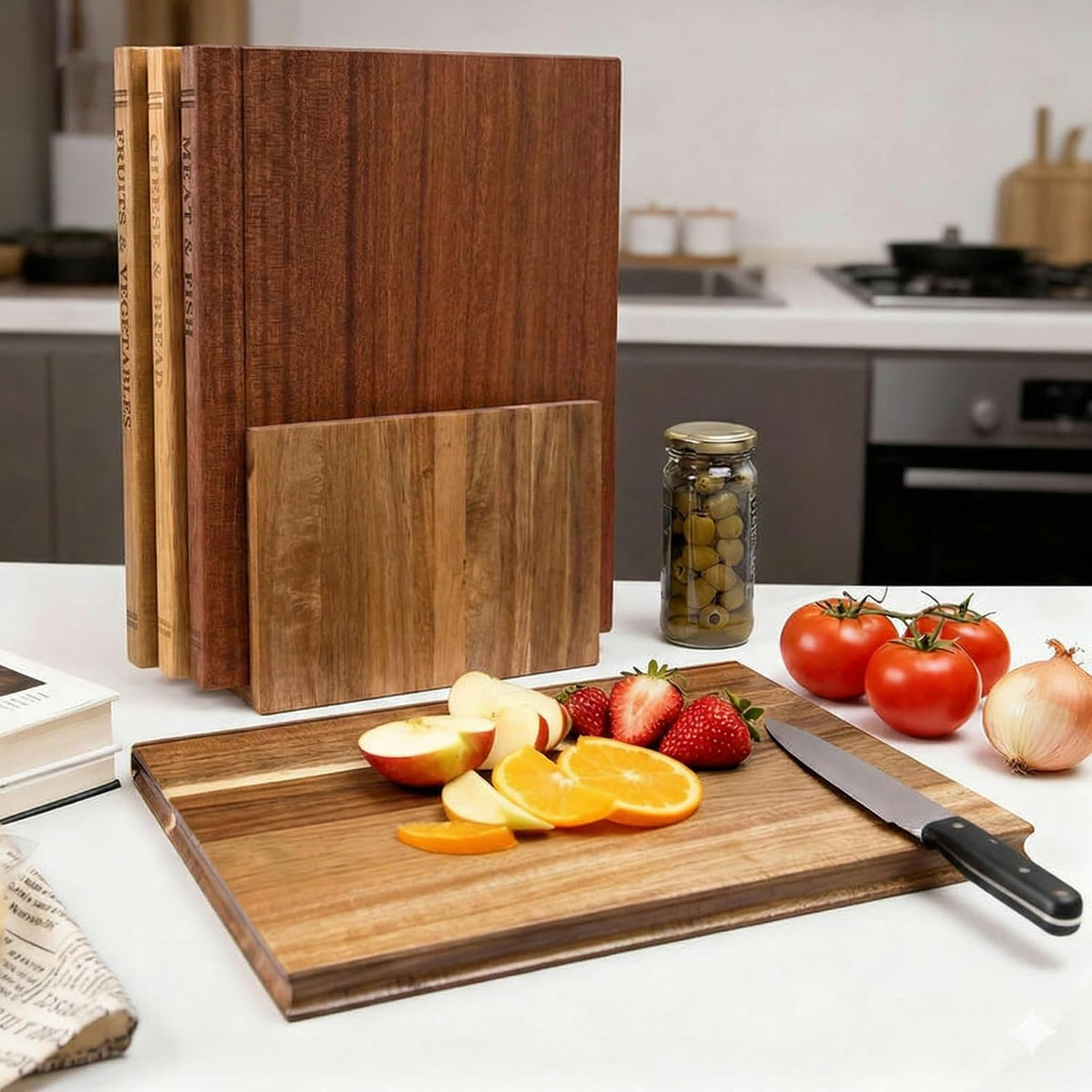 Book Cutting Board Set, Wooden Cutting Boards That Look Like Books with Stand, Unique Kitchen Decor & Charcuterie Serving Tray, Best Housewarming & Wedding Gift for Book Lovers(3pcs)