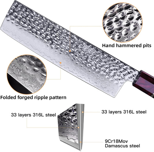 7 Inch Japanese Nakiri Knife with ABS sheath, Professional Vegetable Cleaver, Damascus Steel Blade, Resin Octagonal Handle, for Shredding, Slicing, Mincing (Eternity Series)