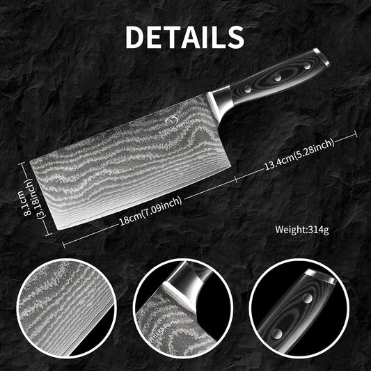 Cleaver Knife, 7" - Chinese Cleaver with VG10 Core Blades, 67-Layer Damascus Steel with Non-slip Micarta Wood Ergonomic Handle, Meat Cleaver for Heavy-Duty Chopping and Slicing