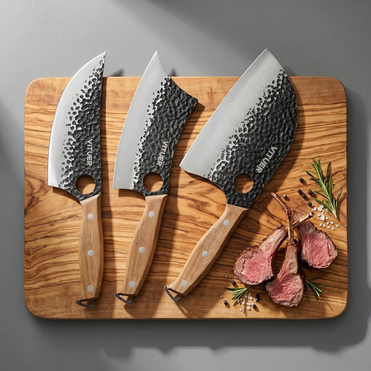 3PCS Butcher Knife Set, Hand Forged 7" Butcher Meat Cleaver, 7" Serbian Chef and 6.5" Viking Knife, Great for Indoor & Outdoor (Stylish Pattern Design)