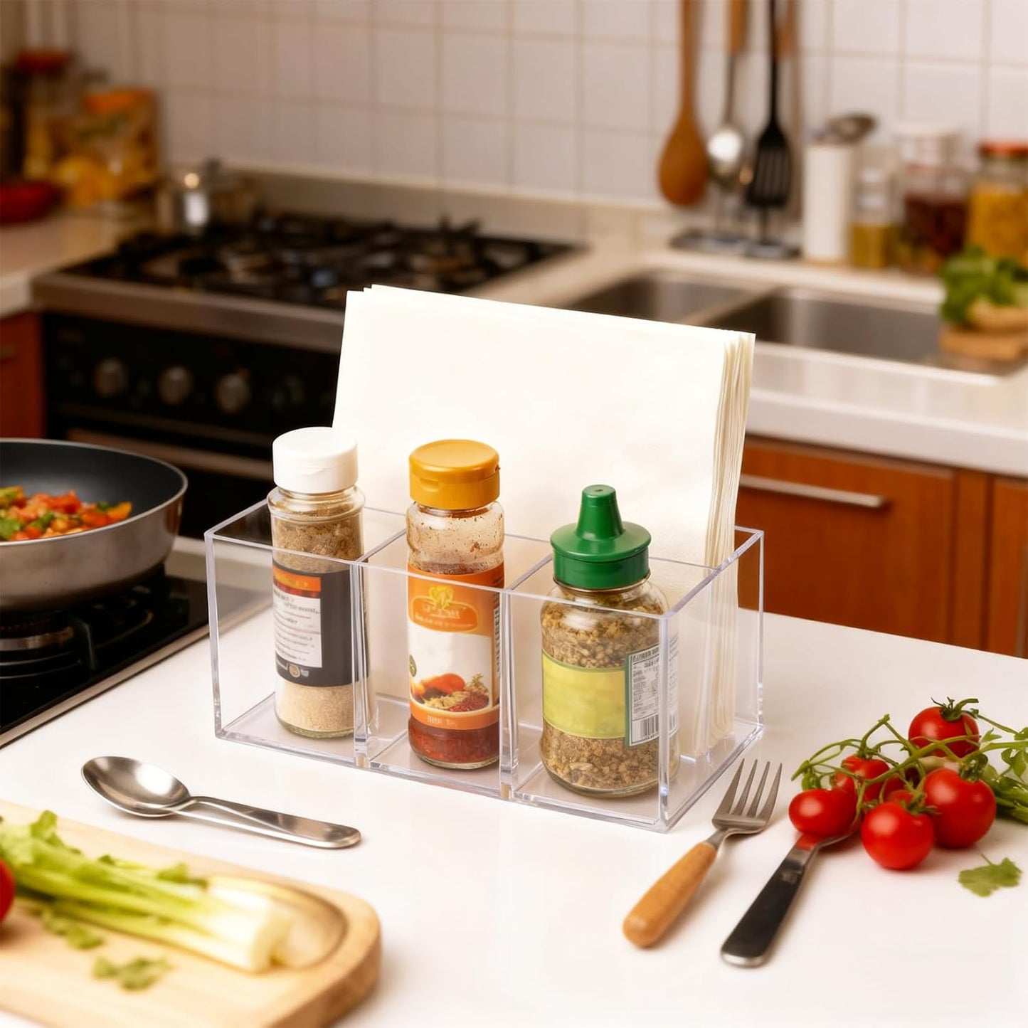 2Pack Acrylic Utensil Holder Silverware Organizer 4 Compartments Tableware Storage Box Countertop Cutlery Caddy for Forks, Knives, Spoons, Napkins, Plates,Indoor/Outdoor Use