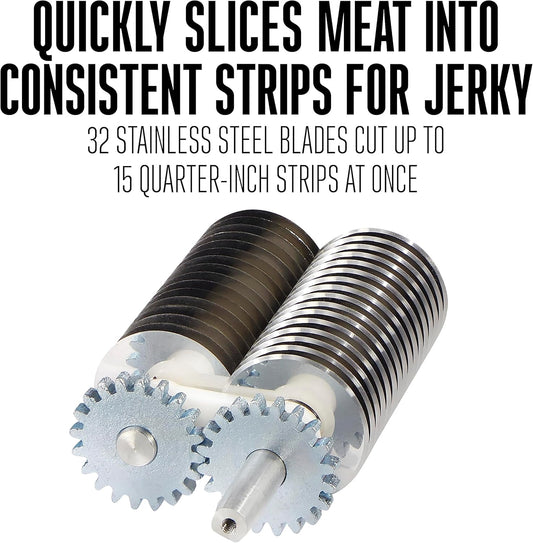 Manual Support Beef Jerky Slicer, Quick and Easy Operation For Cuts Up To 5” Wide x 1.25” Thick, Durable Aluminum Construction, Stainless Steel Blades, Charcoal Gray (07-3801-W-A)
