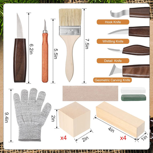 30 Pcs Wood Carving Tools Whittling Kit Include Hand Carving Knife Set Wood Blocks Cut Resistant Gloves Sawdust Brush Sharpening Stone Polishing Wax Sharpening Leather Storage Bag for Beginners