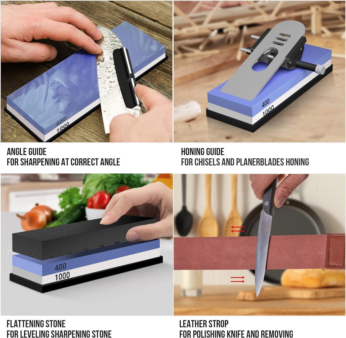 Whetstone Knife Sharpening Stone Set, Double-Sided Grit 400/1000 3000/8000 | Complete Knife Sharpener Stone Kit with Non-Slip Base, Angle Guide, Flatting Stone, Honing Guide, Leather Strop