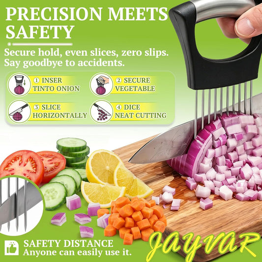 Onion Holder for Slicing, 304 Stainless Steel | 10 Long Needles, Vegetable Chopper, Food Slicing Guide, Multi-Purpose Cutter for Tomato Potato