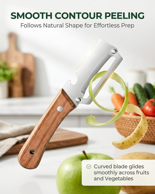 Vegetable Potato Peeler Knife Wooden Kitchen Tool Handle Multifunctional Stainless Steel Thickened Handheld Fruit Veggie Food Sharp Peelers Slicer Wide Arched Blade Cabbage Cutter Premium(1pc)