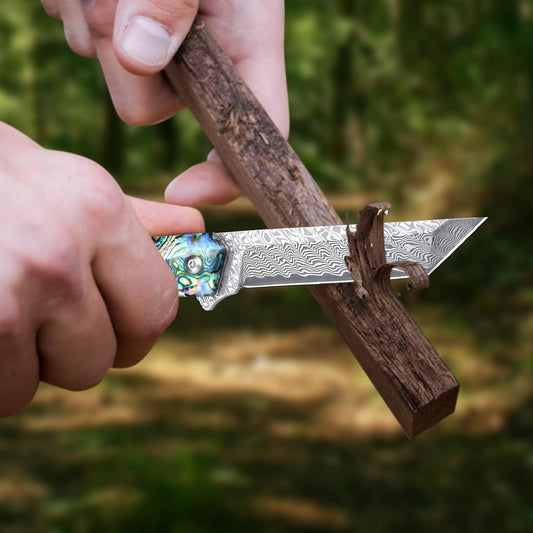 Damascus Pocket Knife with Clip for Men Abalone Shell Handle DMWS1C | 3.43" Sharp Tanto Blade VG10 Core Damascus Steel Folding Knife,Liner Lock Flipper Open,Glass Breaker,EDC Gift Outdoor Women