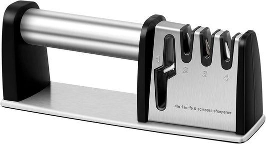 4-in-1 Knife & Scissors Sharpener, Manual, Stainless Steel with Ceramic Grit, Non-Slip Base, ABS Plastic