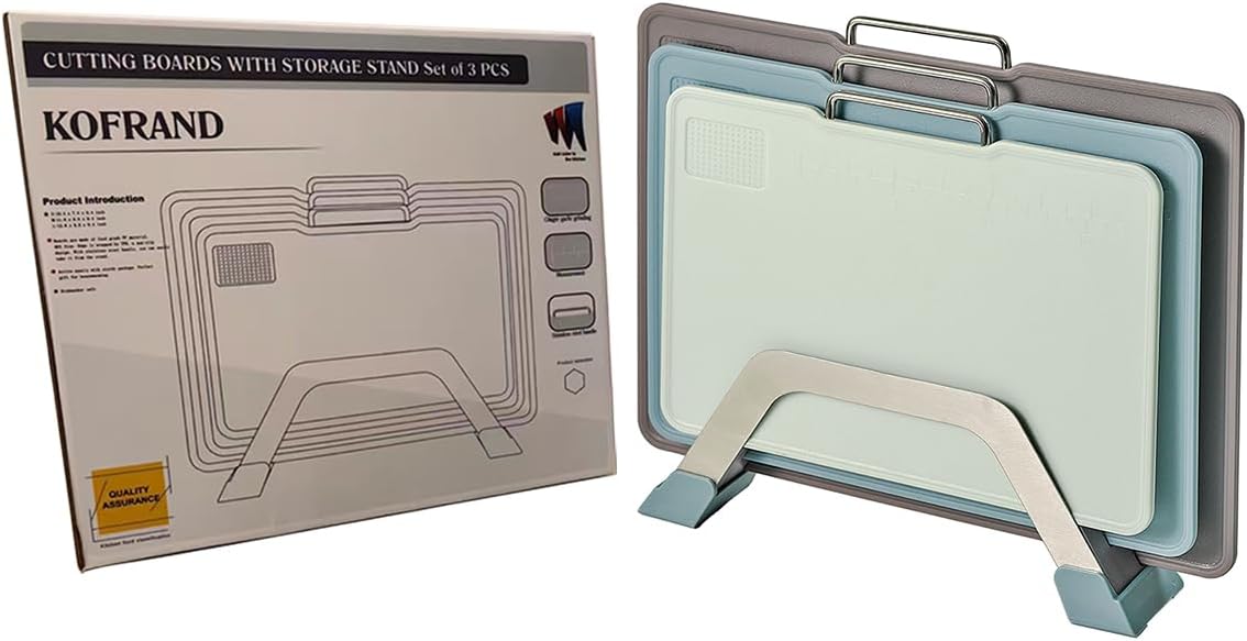 Plastic Cutting Boards with Grinding Area and Measurement, Cutting Boards for Kitchen Dishwasher Safe, Set of 3 with Holder, Non-Slip Design, Stainless Steel Handle, Blue