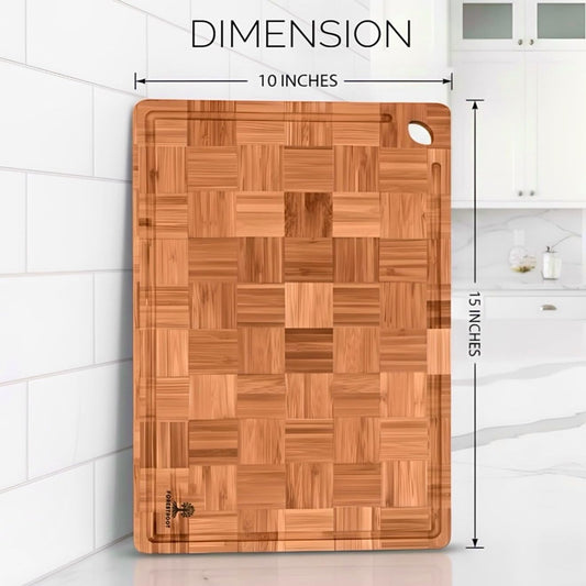 Premium End Grain Bamboo Cutting Board for Kitchen, 15 x 10 Inch Heavy Duty Butcher Block with Juice Groove, Built-In Handle, Hanging Hole & Reversible Design for Meat, Vegetables & Fruits