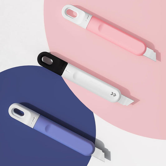 3 PCS Small Box Cutter, Small Utility Knife, Mini Pink Box Cutter for Women Rotate to Retract Box Opener, Retractable Box Cutter, Package Opener, Box Cutters for Home Office Travel and DIY