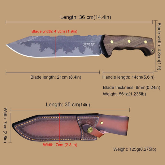 DC53 Steel 36CM (14.3IN) Full Tang 6mm Thick Fixed Knife+Sheath&(5.9IN) Cerium Igniter, Suitable for Outdoor Hunting, Camping, Survival Exploration, EDC