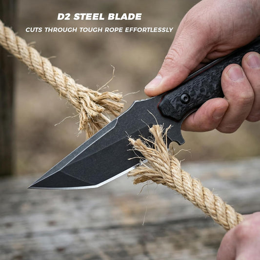 Compact Full Tang Fixed Blade Knife with D2 Steel and Carbon Fiber | 3.5" Blade, 3.6 oz with Kydex Sheath for Camping, Hiking and Daily Utility