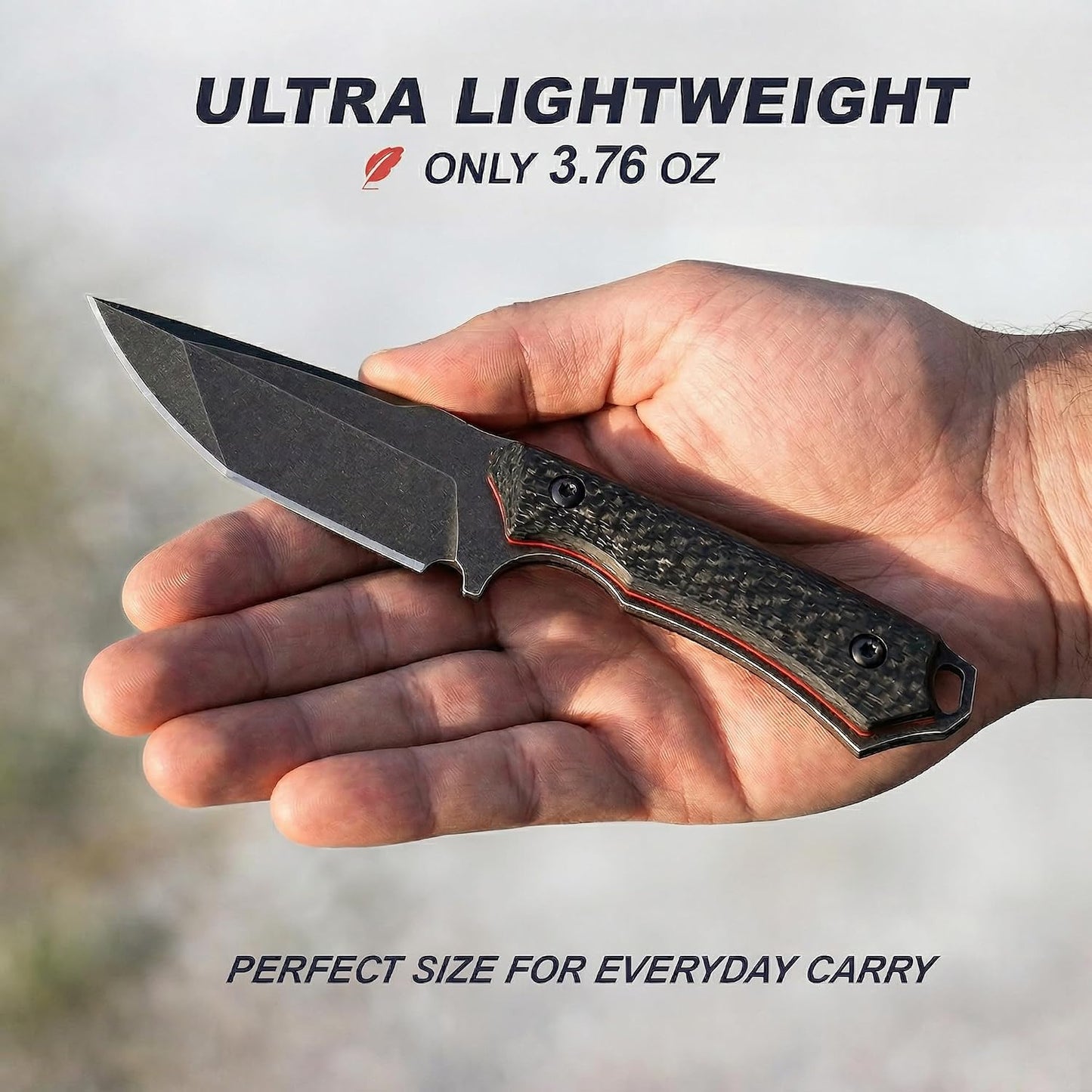 Compact Full Tang Fixed Blade Knife with D2 Steel and Carbon Fiber | 3.5" Blade, 3.6 oz with Kydex Sheath for Camping, Hiking and Daily Utility
