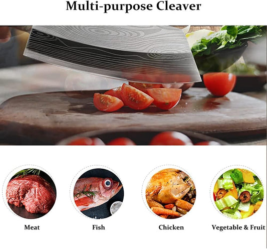 Cleaver Knife for unfrozen meat and vegetable, 7" Chinese Chef's Kitchen slicer, Razor sharp HC German Stainless Steel blade with lasered damascus pattern, pearwood Handle