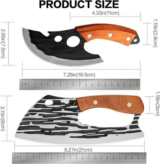 2 Pcs Meat Cleaver Knife Set, Effort Saving Meat Cleaver for Cutting Meat Vegetable, Sharp Carbon Steel Cooking Viking Knife with Leather Sheath for Kitchen, Camping, Outdoor Cooking, BBQ Gift
