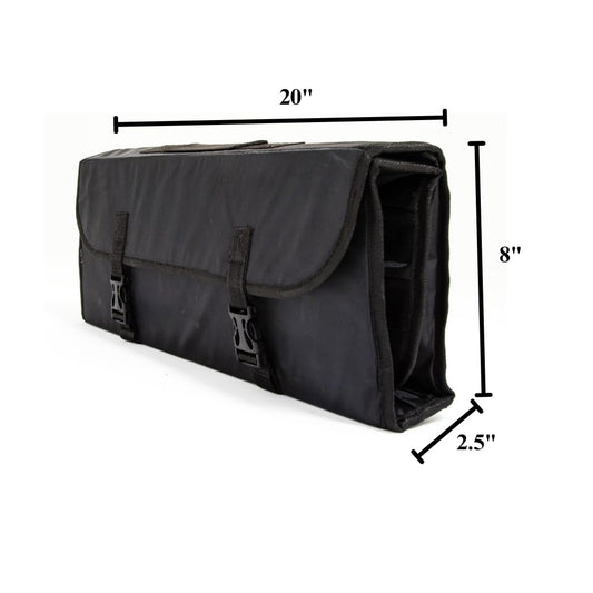 Chef Approved 20" Knife Storage Roll Bag with Buckle | Professional Kitchen Tool Case for Restaurant Cooking Knives | (9) Large (8) Small Pockets, Carrying Handle, 20"W x 2.5"D x 8"H, Nylon, Black