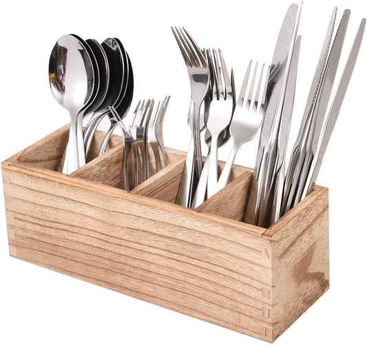 Wood Cutlery Caddy, Kitchen Utensil Organizer with 4 Compartments, Silverware Storage Kitchen Countertop Flatware Organizer