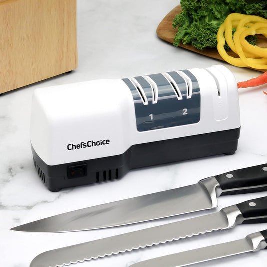 Hybrid Knife Sharpeners for 20-Degree Straight and Serrated Knives Combines Electric and Manual Sharpening With 100-Percent Diamond Abrasives And Precision Angle Guides, 3-Stage, White