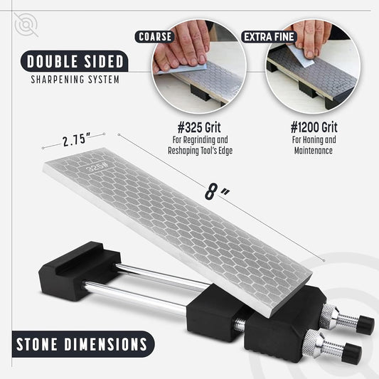 Diamond Sharpening Stone, 325/1200 Knife Sharpening stone | Whetstone sharpener for knives, chisels, gouges. Coarse/Fine grit, 8"x3", with chisel honing jig, angle guide and sturdy base