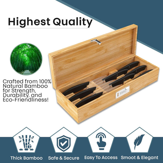 Upgraded Combination Lock Bamboo Locking Kitchen Knife Storage – Secure & Eco-Friendly Wooden Knife Box with Improved Quality, Fits in Drawers & Keeps Knives Safe