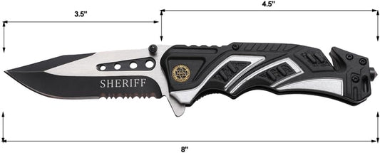EDC Folding Pocket Knife – 3.5” Stainless Steel Half Serrated Blade, 4.5” Closed, Two-Tone Aluminum Handle, Belt Cutter, Glass Breaker & Pocket Clip