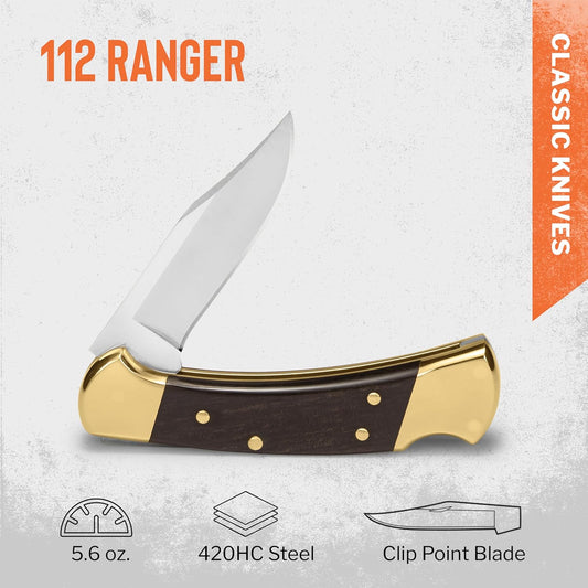 112 Ranger Hunting Knife, 3" Blade, Lockback Design, Ebony Handle, Brass Bolsters, 420HC Stainless Steel Clip Point Blade, Sheath Included, Folding Knife Made in the USA, 5.6 oz
