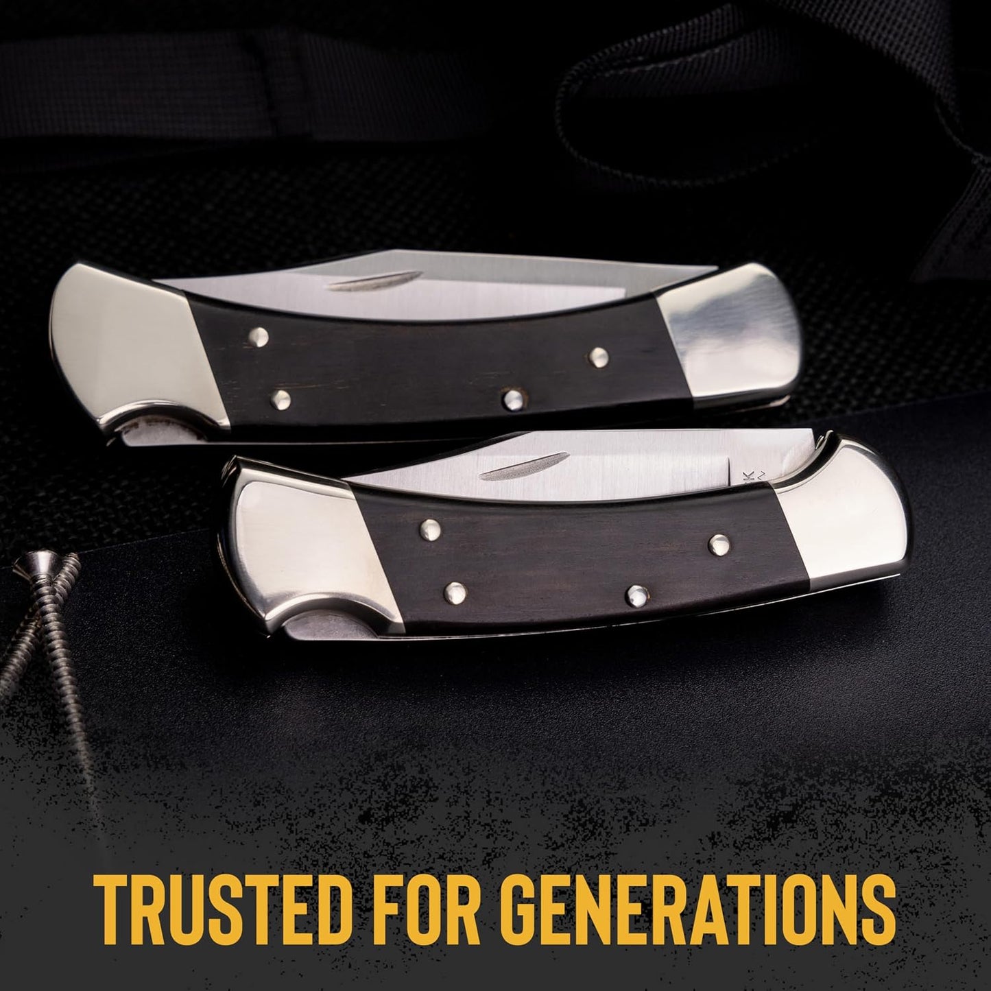 112 Ranger Hunting Knife, 3" Blade, Lockback Design, Ebony Handle, Brass Bolsters, 420HC Stainless Steel Clip Point Blade, Sheath Included, Folding Knife Made in the USA, 5.6 oz