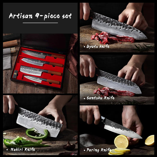 4-Piece Japanese Chef Knife Set, San-Mai 9Cr18MoV | Gyuto Santoku Nakiri Paring, Deep-Cryo Heat Treatment, Tsuchime Food Release, Rosewood Handles, Sandalwood Box