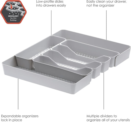 HEXA 5-Divider Expandable Silverware Tray (Stone Gray) - In-Drawer Organizer for Kitchen Accessories, Cutlery, Knives, & More / Easy-to-Clean Home & Apartment Essential