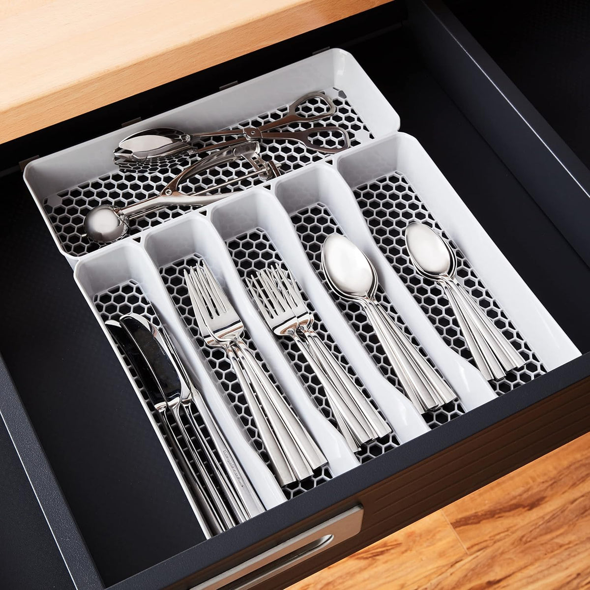 HEXA 5-Divider Expandable Silverware Tray (Stone Gray) - In-Drawer Organizer for Kitchen Accessories, Cutlery, Knives, & More / Easy-to-Clean Home & Apartment Essential