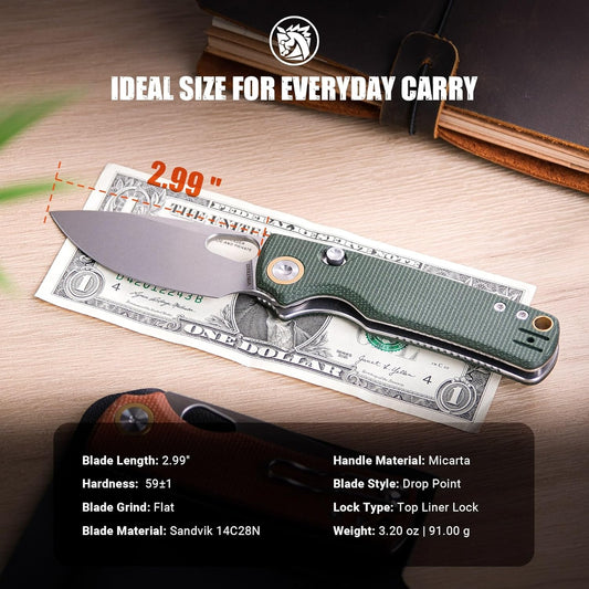 EDC Knife, 2.99" 14C28N Steel Wider Blade, Green Micarta Handle Top Liner Lock, Folding Pocket Knives with Clip for Men & Women, Survival Camping - Porcupine A2603