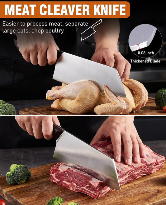 2PCS Cleaver Knife Set, Meat Cleaver & Nakiri Vegetable Knife | Razor Sharp with Gift Box High Carbon Steel Full Tang Handle for Meat Vegetable Cutting Kitchen Cooking Gifts for Men Women