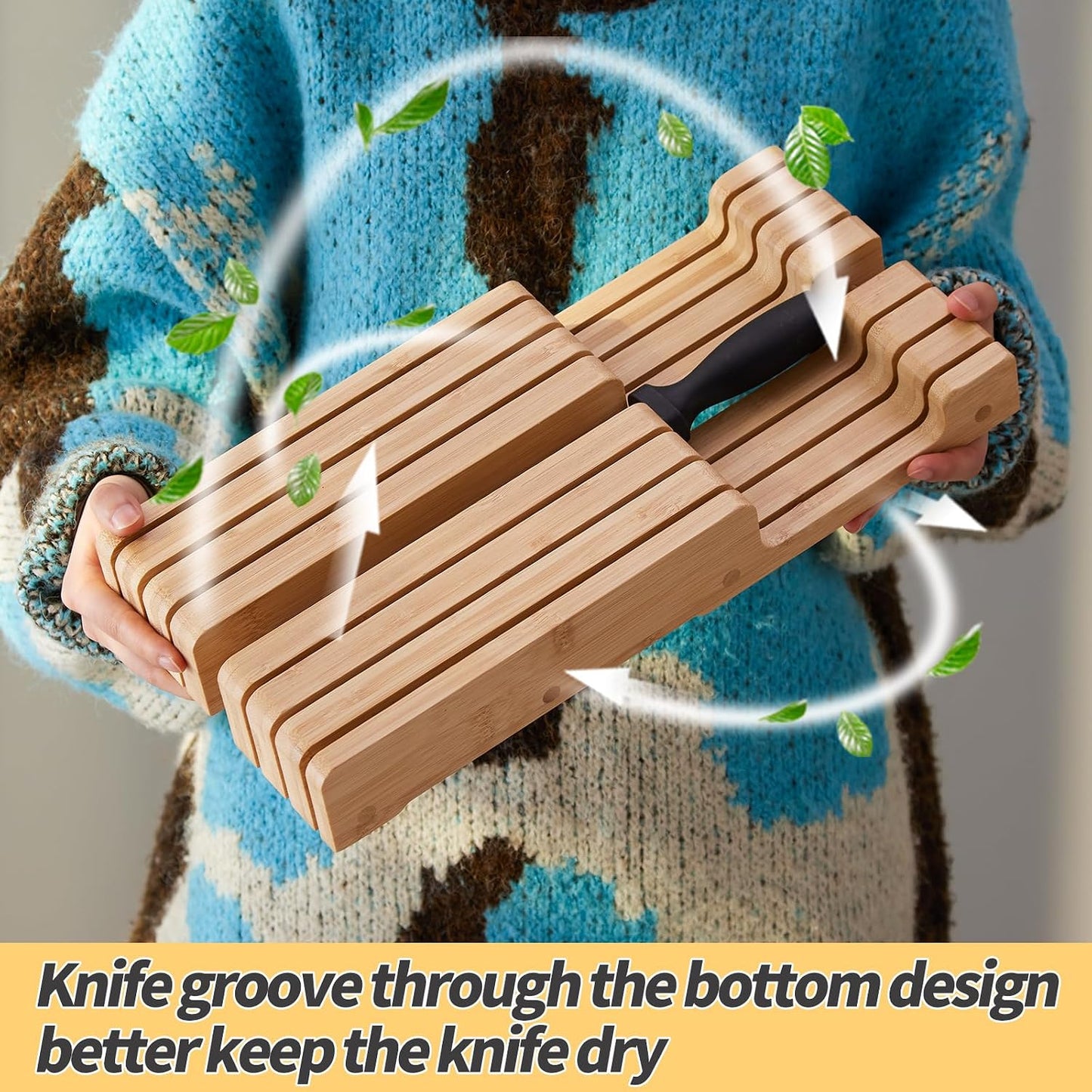 Bamboo Knife Block and In-Drawer Storage, Display Stand and Organizer, Holds Up To 7 Knives(Not Included)