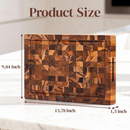 End Grain Teak Cutting Board 14" x 10" x 1.5" Thick Butcher Block for Meat Steak & Kitchen Prep with Juice Groove Handle, Knife-Friendly Solid Hardwood, Non Toxic by New M Way