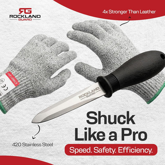 Professional Oyster Shucking Kit - 3.5” Heavy Duty Stainless Steel Oyster Shucking Knife and Level 5 Cut Resistant Gloves, Clam Opener Shucker and Seafood Tool Gift Set, Large