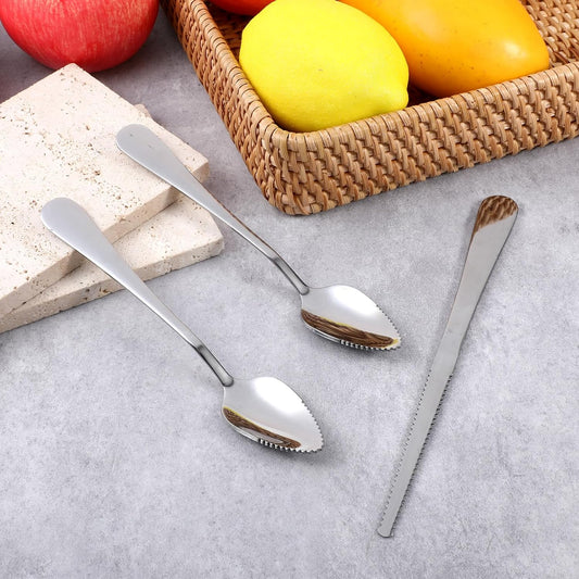Grapefruit Spoons 3 Set, 2 Stainless Steel Grapefruit Spoons with Serrated Edge and 1 Grapefruits Knife, Kiwi Knife Fruit Knives Dessert Spoon Grapefruits Utensil Tool for Berry Lemon Salads Pitaya