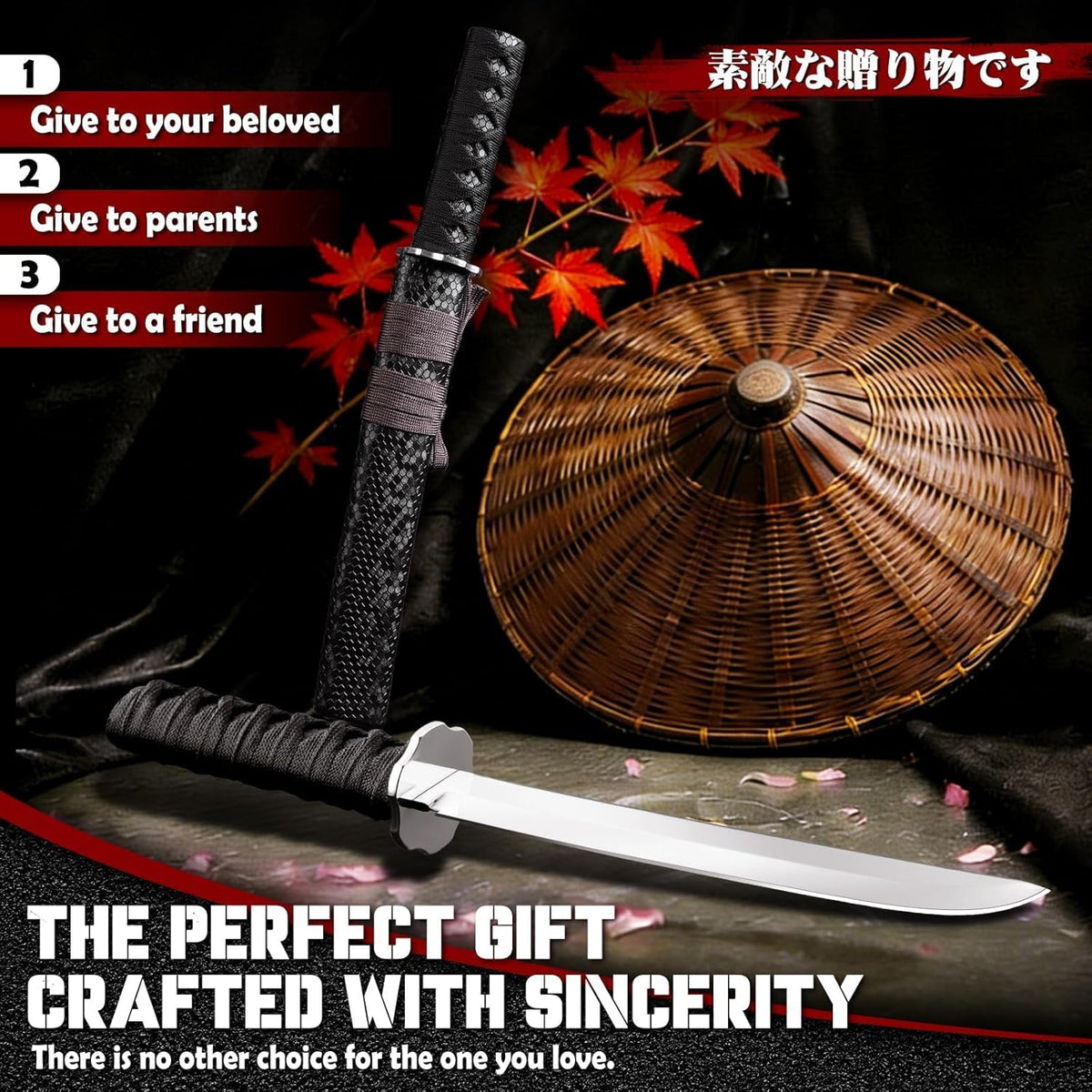 Japanese Fixed Blade Knife - Samurai Knife with Wooden Sheath | Forged from a Single Piece of D2 Steel, Gift Box, for Outdoor Camping