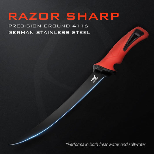 Intimidator Fillet Knife with Sharpening Steel, Ultra-Sharp G4116 German Stainless-Steel Blades, Non-Slip Handle, Protective Sheath, 9'' Fillet Knife and Honing Rod