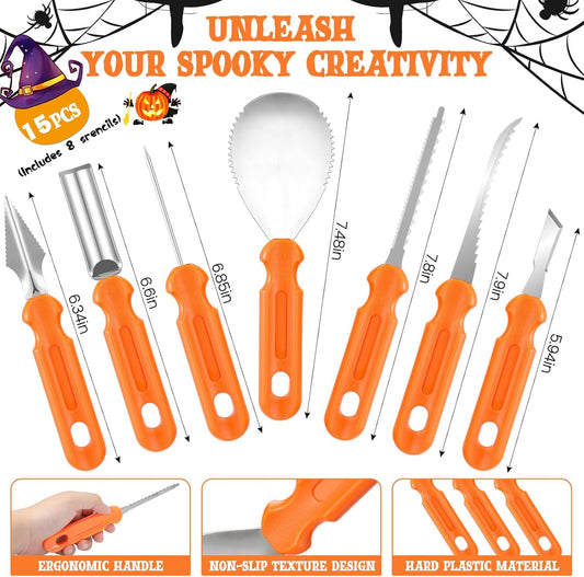 Pumpkin Carving Kit - 7 Piece Professional Stainless Steel Carving Tools with 8 Stencils and Storage Case, Heavy Duty Halloween Jack-O-Lantern Decorations Sculpting Knife Set for Adults and Kids