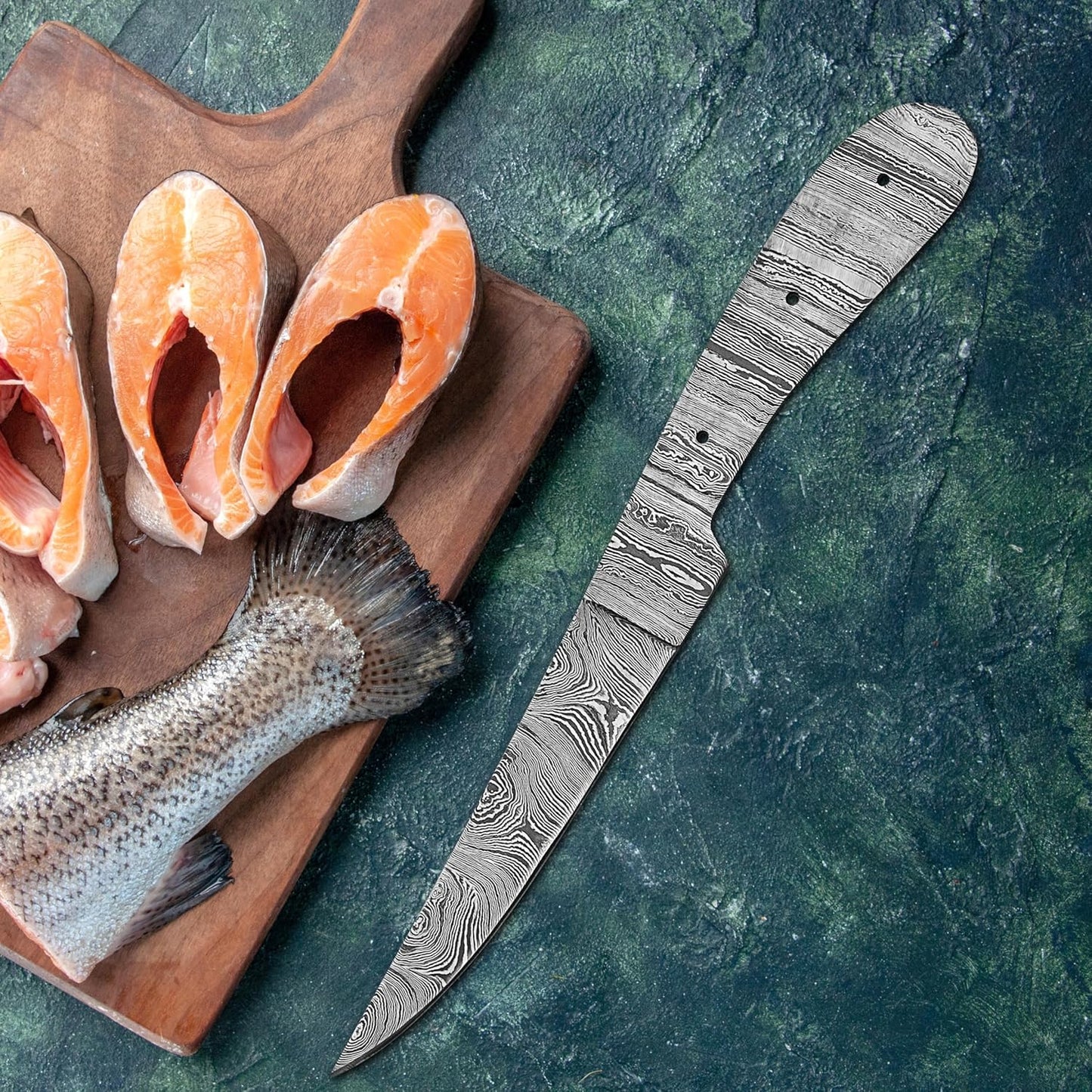 Damascus Steel Fillet Knife Kit, 10 Inches Overall, Fixed Blade, DIY Knifemaking Supplies. Kitchen knife, Fish Fillet Blank Blade, large, AMJ-Fillet-01