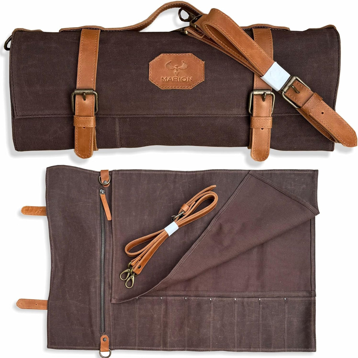 Le Voyageur Brown by Marion - Waxed Canvas with Genuine Calf Top Grain Leather - Handmade Professional Chef Knife Storage Roll Bag - 8 Pockets and Zippered Pocket, Brown