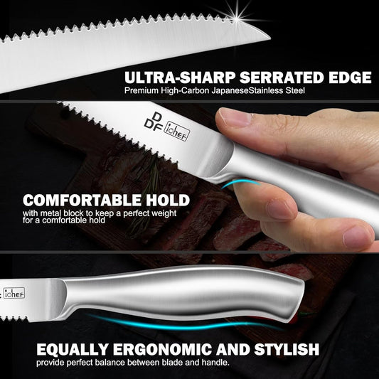 Steak Knives Set of 6, 4.5-Inch Serrated Steak Knives, Dishwasher Safe | Steak Knives High Carbon Stainless Steel, Serrated Knives with Ergonomic Hollow Handles, Silver, for Families & Restaurants