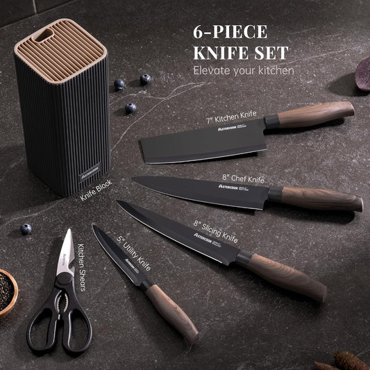 Knife Set, 6-Piece Kitchen Knife Set with Block, High Carbon Stainless Steel Ultra Sharp Kitchen Knives, Wood Grain Handle, Dishwasher Safe Knife Block Set, Black, Kitchen Utility Knives