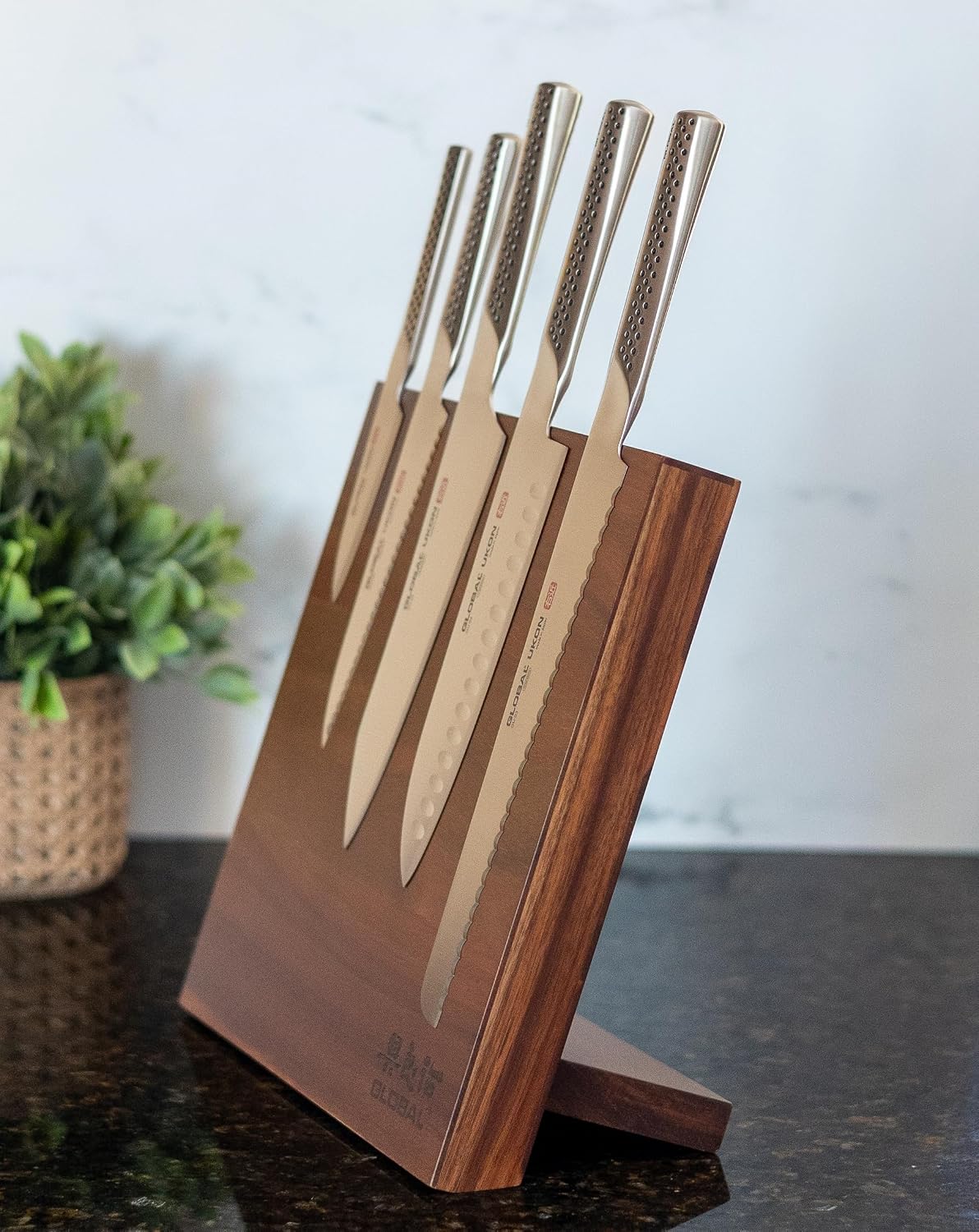 Global Bitoku 6 Piece Ukon Essentials Set - Magnetic Easel, 5 Knives: 8 inch Chef's, 9 inch Bread, 7 Inch Santoku, 6 inch Serrated Utility, 3.5 inch Paring, Acacia
