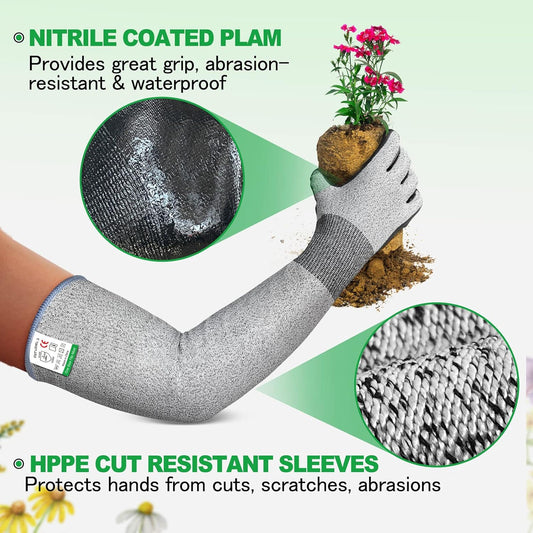 Long Sleeve Gardening Gloves for Women & Men | Cut Resistant,Nitrile Coated,Anti-slip,Full Arm Protective Gloves for Poison Ivy,Thorn Proof,Gardening,Farming
