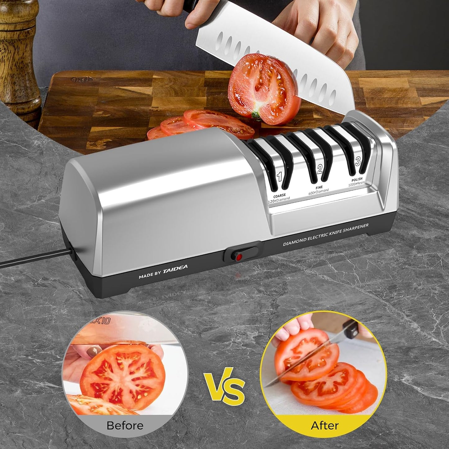 Electric Knife Sharpener for Kitchen, 15° Precision Angle Guide | 3-Stage with 100% Diamond Abrasives - Fast Repair & Polish, Profesional with Magnetic Dust Box